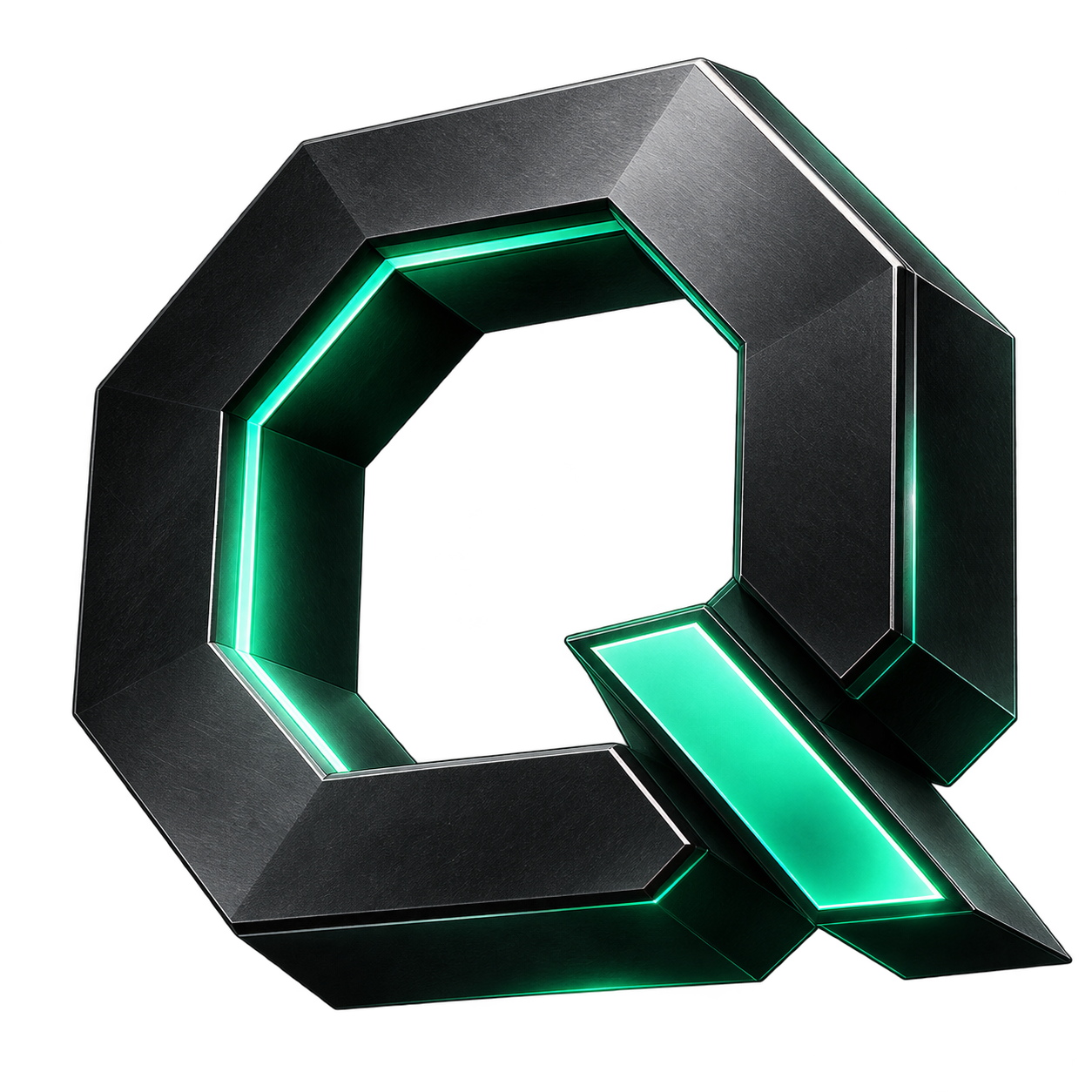 Dark graphite Q sculpture with mint illuminated edges